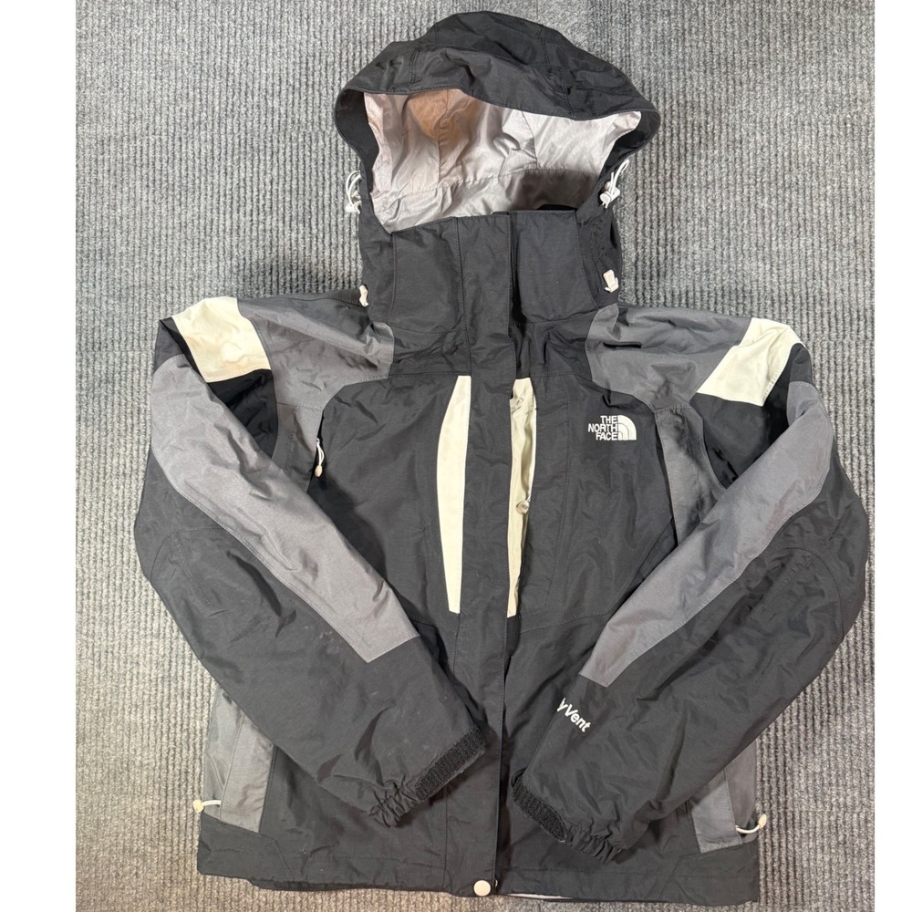 The North Face HyVent Ski Jacket Womens Medium Black Grey Hooded Snowboard Coat